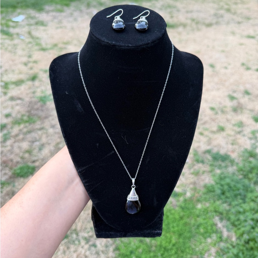 925 Sterling Silver Black Onyx Pendant Necklace Set With  Earrings